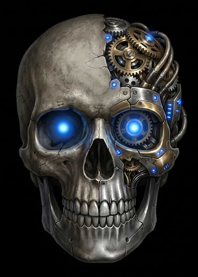 Cybernetic Skull with Blue Glowing Eyes