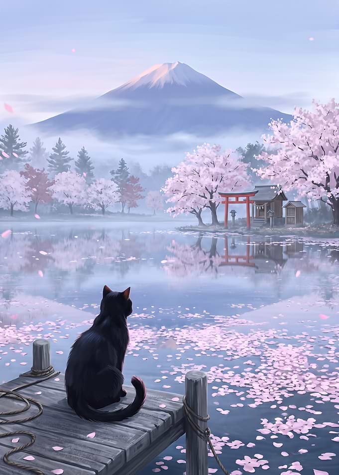 Black Cat by Mount Fuji in Spring