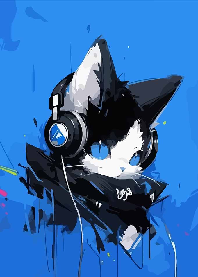 Cat with Headphones Listening to Music