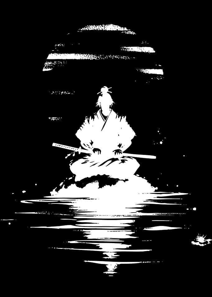 Samurai meditating by moonlight