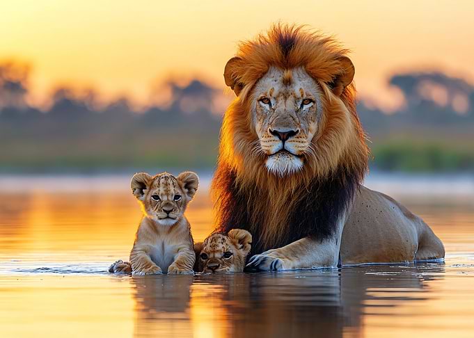 Lion Family in Water at Sunset