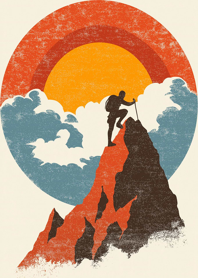 Climber on Mountain Peak at Sunset