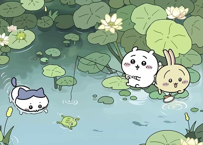 Cute animals fishing in a pond