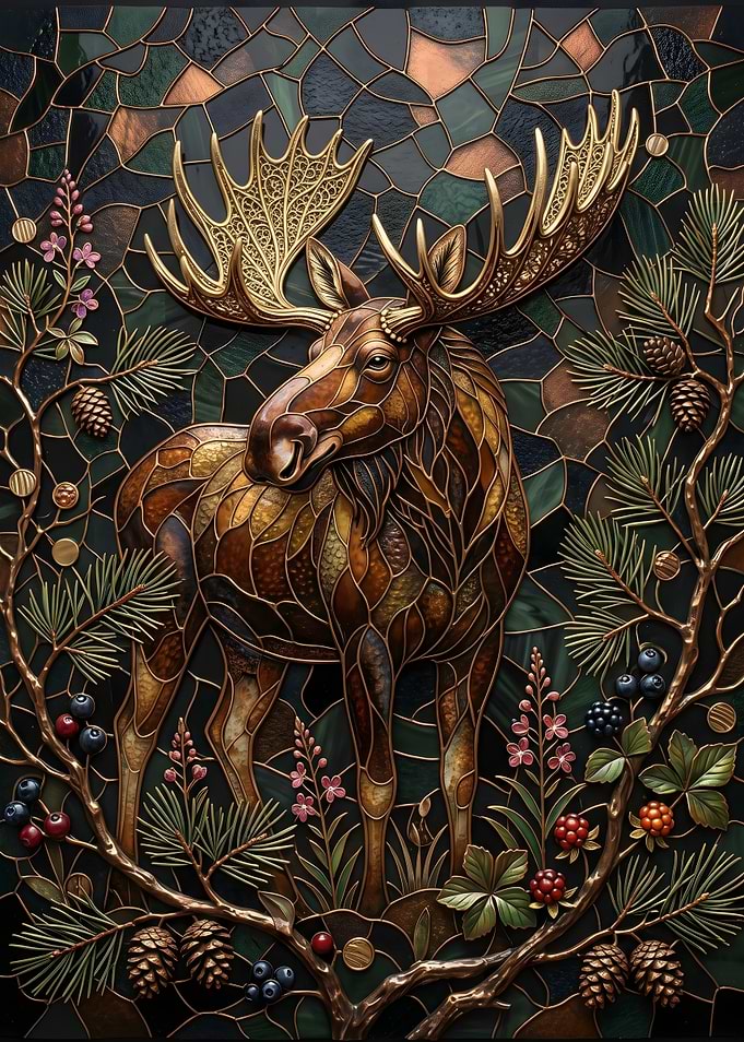 Moose in Forest Stained Glass