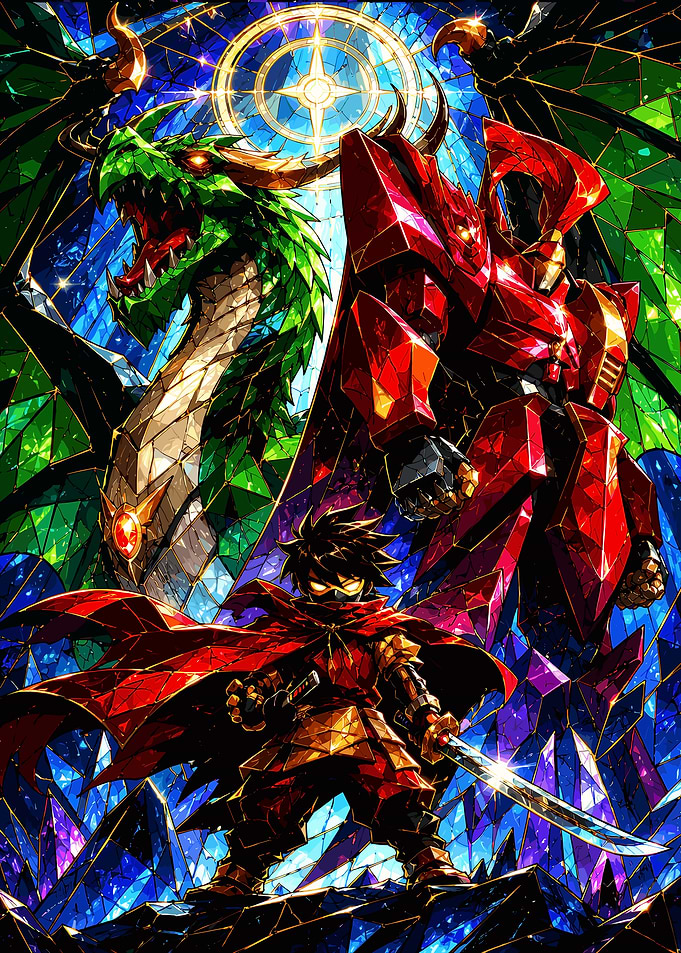Fantasy Stained Glass Warrior, Dragon, and Mech