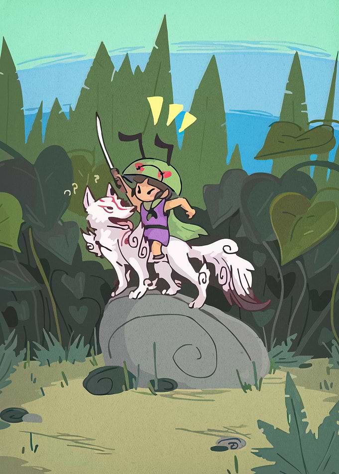 Chibi Warrior Riding a White Wolf