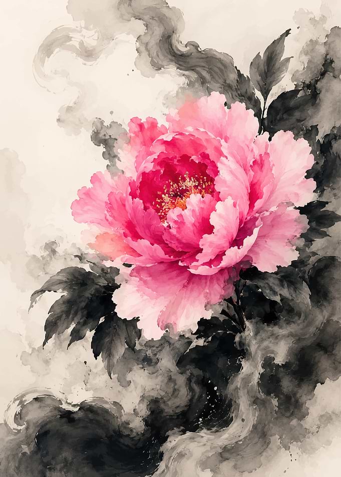 Pink Peony with Ink Wash