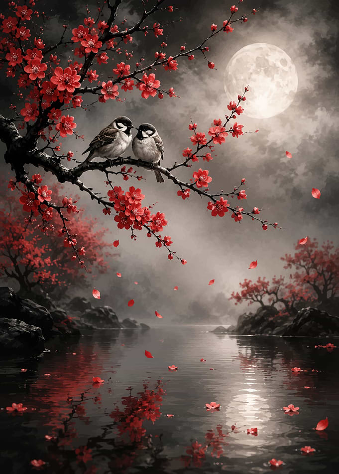 Two Birds on a Cherry Blossom Branch