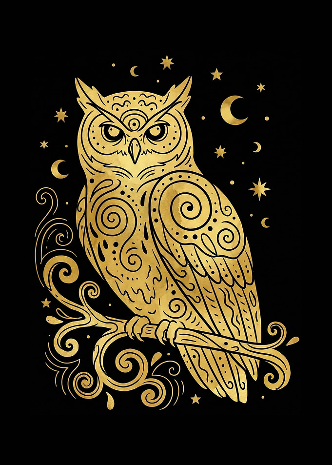Golden Owl with Celestial Background