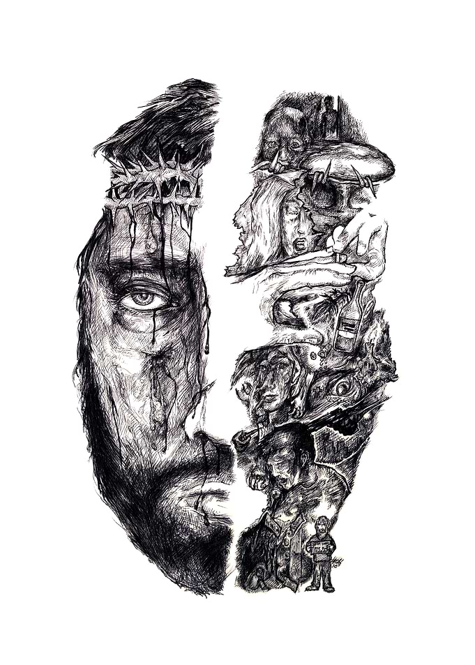 Jesus Christ with Crown of Thorns and Multiple Faces