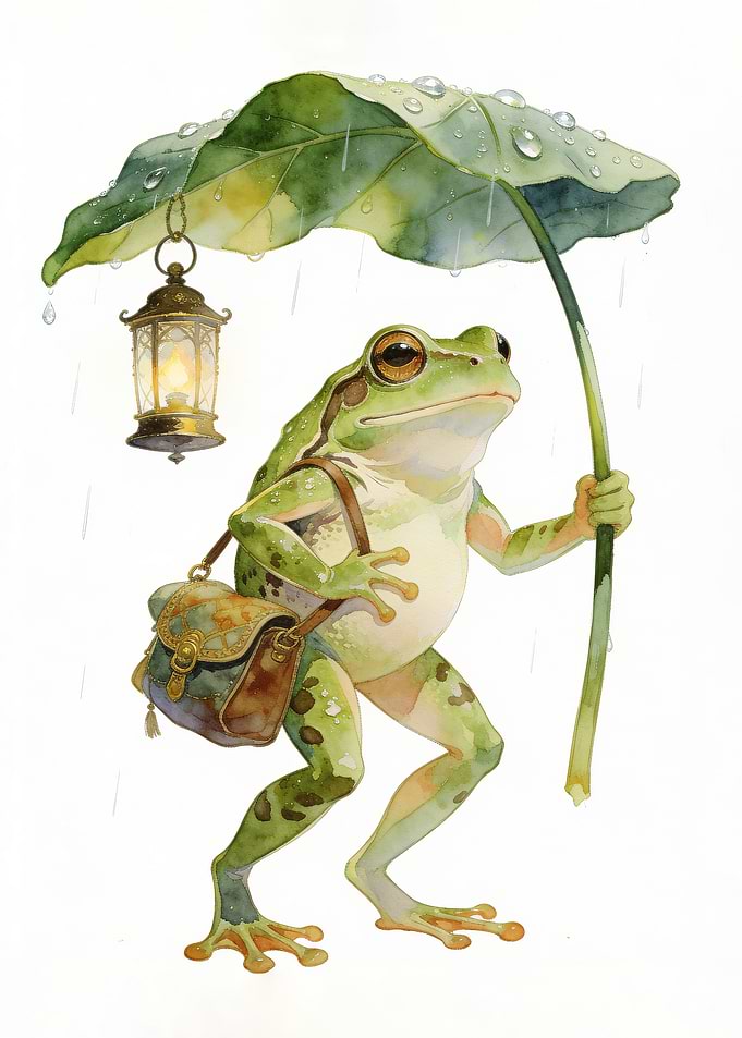 Frog with Leaf Umbrella and Lantern
