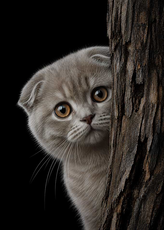 Scottish Fold Kitten Peeking from Behind Tree
