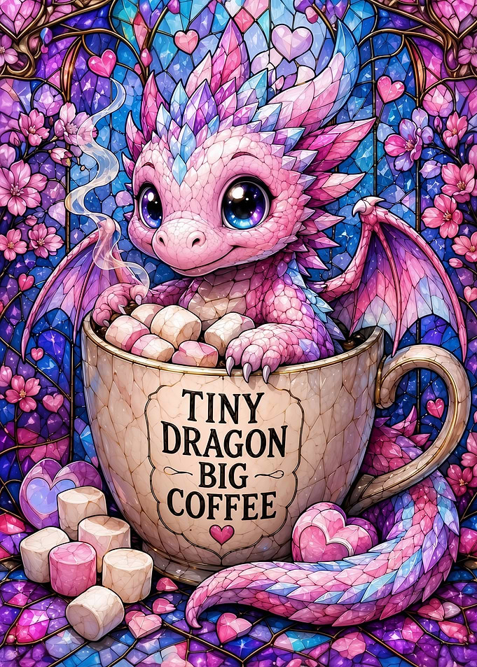 Cute Stained Glass Dragon in Coffee Cup