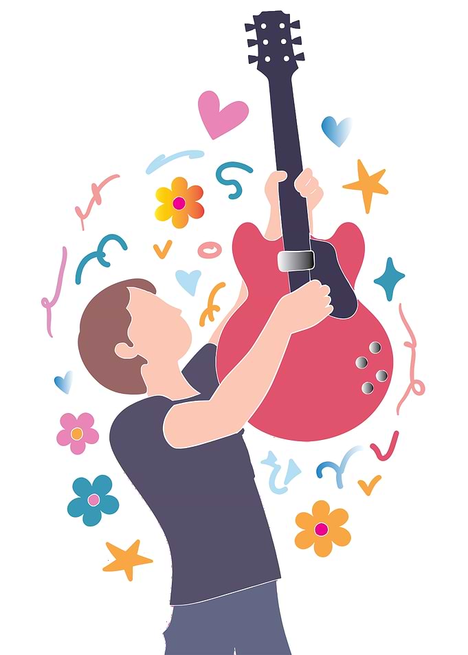 Person playing guitar with colorful decorations