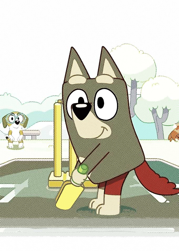 Bluey and Bingo playing cricket