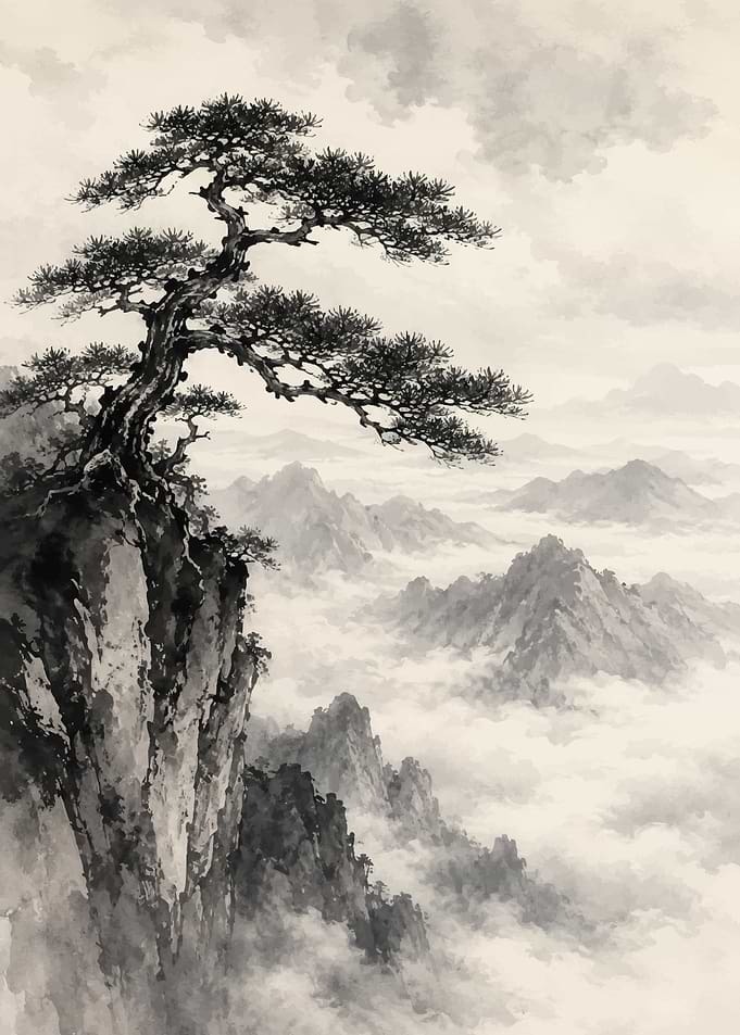 Misty Mountain Landscape with Pine Tree