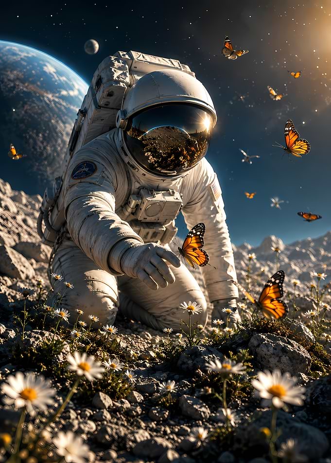 Astronaut with Butterflies on Lunar Surface