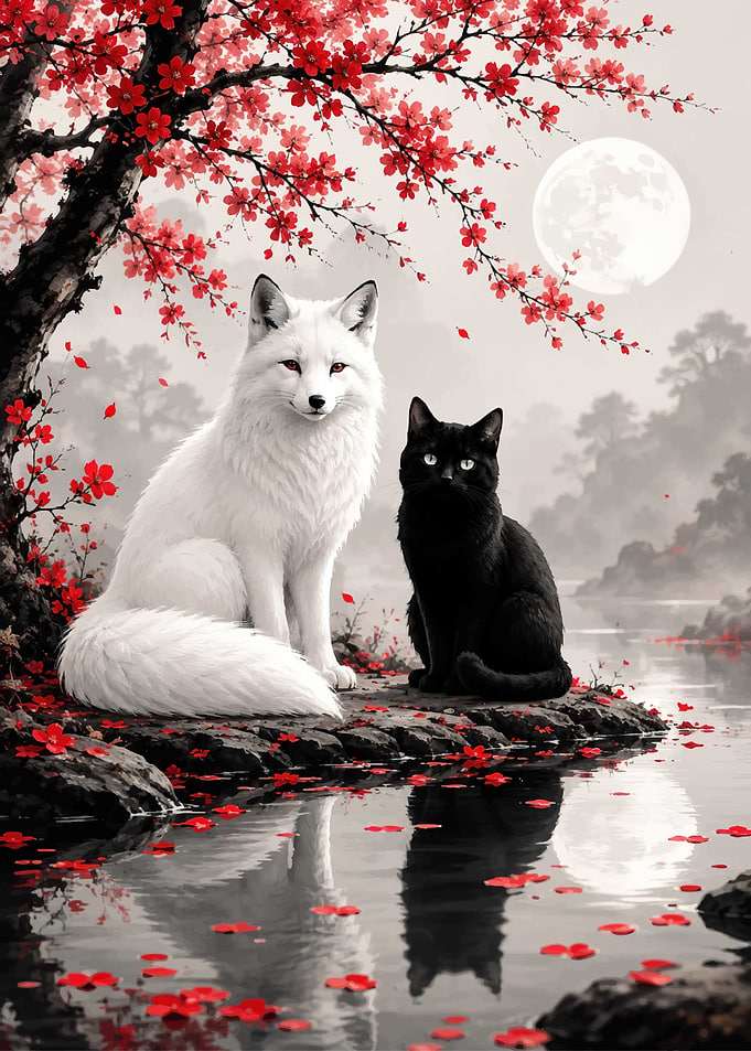 White Fox and Black Cat by Cherry Blossoms