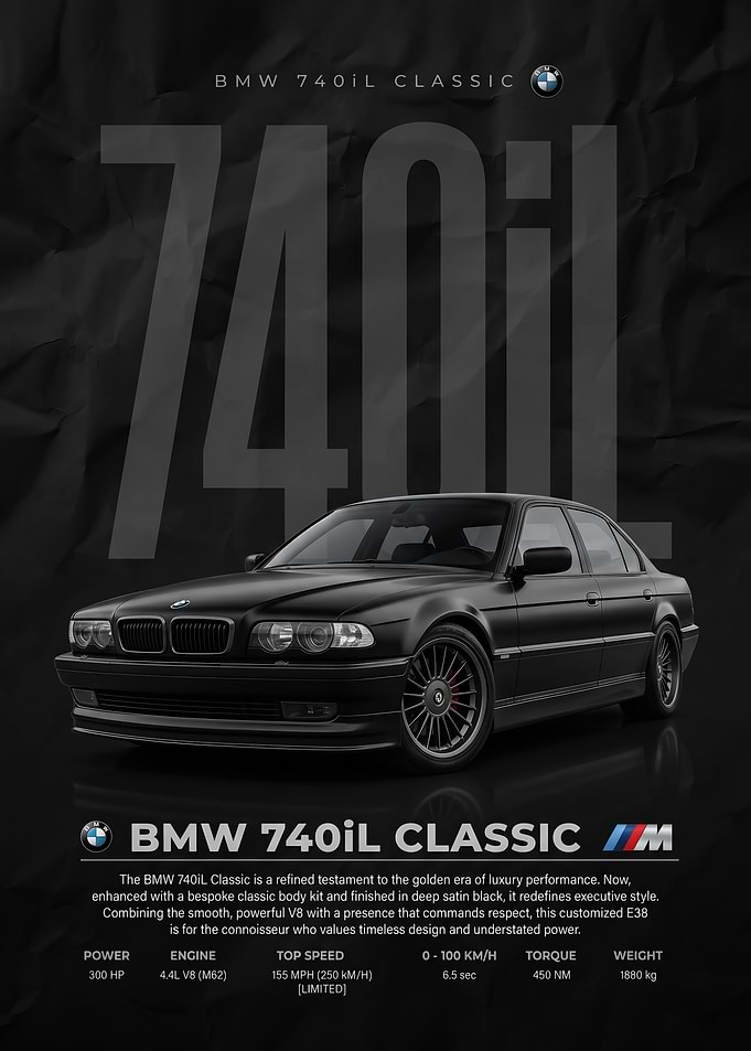 sleek Classic BMW 740iL black car Poster