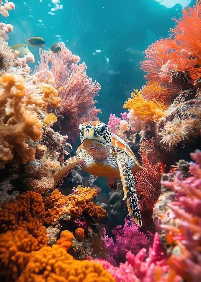 Sea Turtle Among Colorful Coral Reef