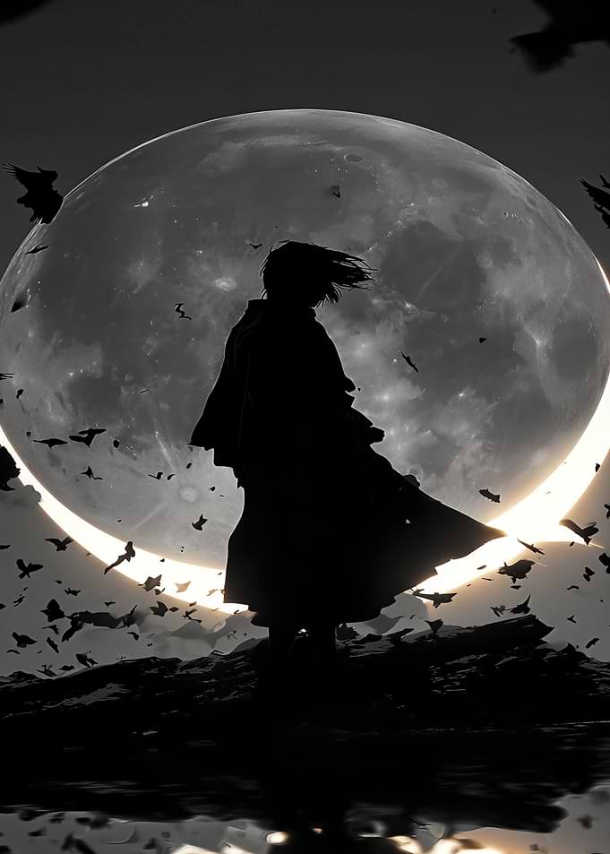 Silhouette of a warrior against the moon
