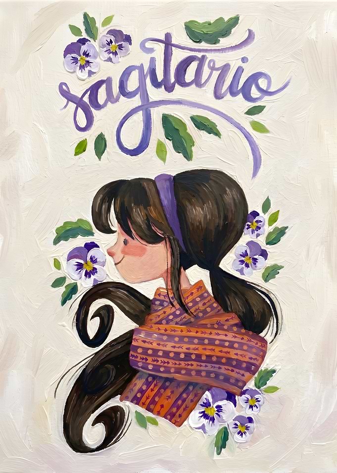 Sagittarius Girl with Pansies