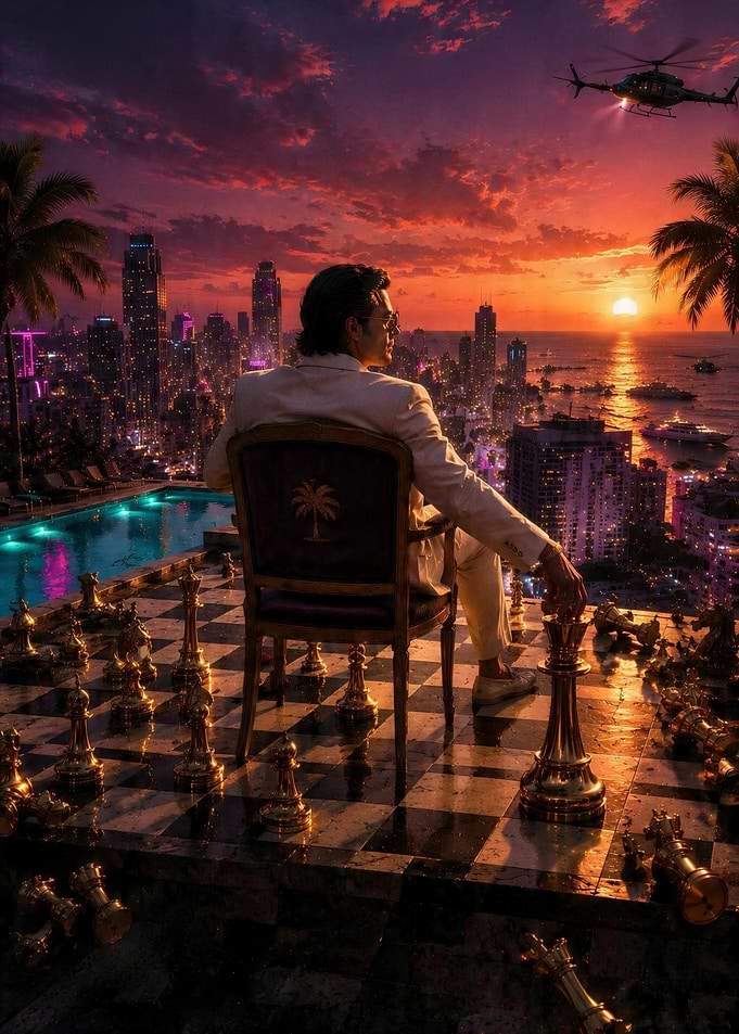 Man overlooking city chess game