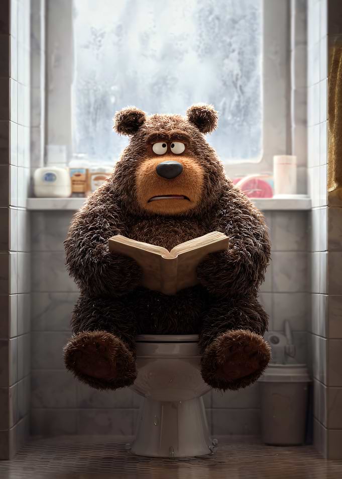 Bear reading on the toilet