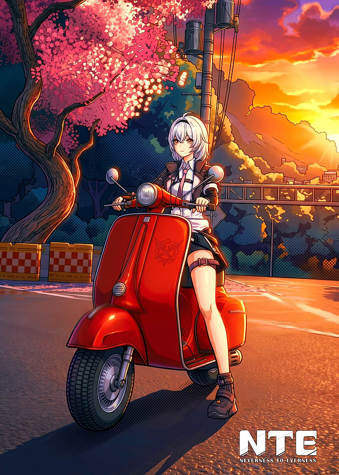 Anime Girl on Red Scooter at Sunset
