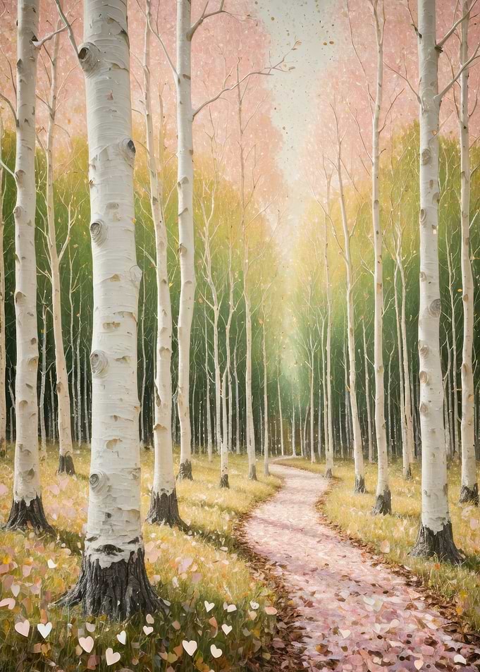Birch Path Through a Sunlit Spring Forest — Pastel Woodland Painting