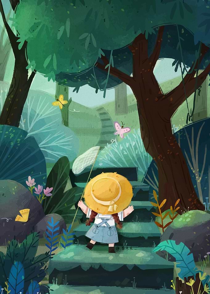 Girl Catching Butterflies in Forest