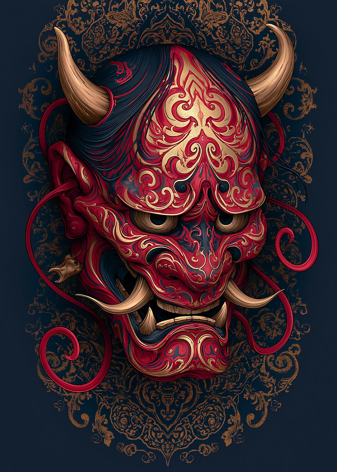 Japanese Oni Mask with Gold Ornate Design