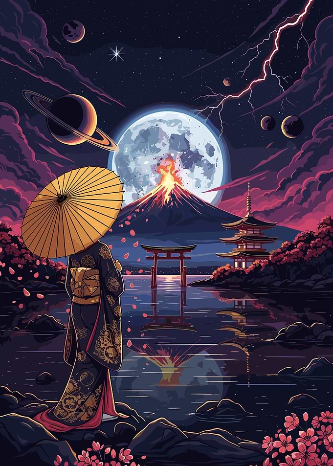 Woman in Kimono Under the Moon