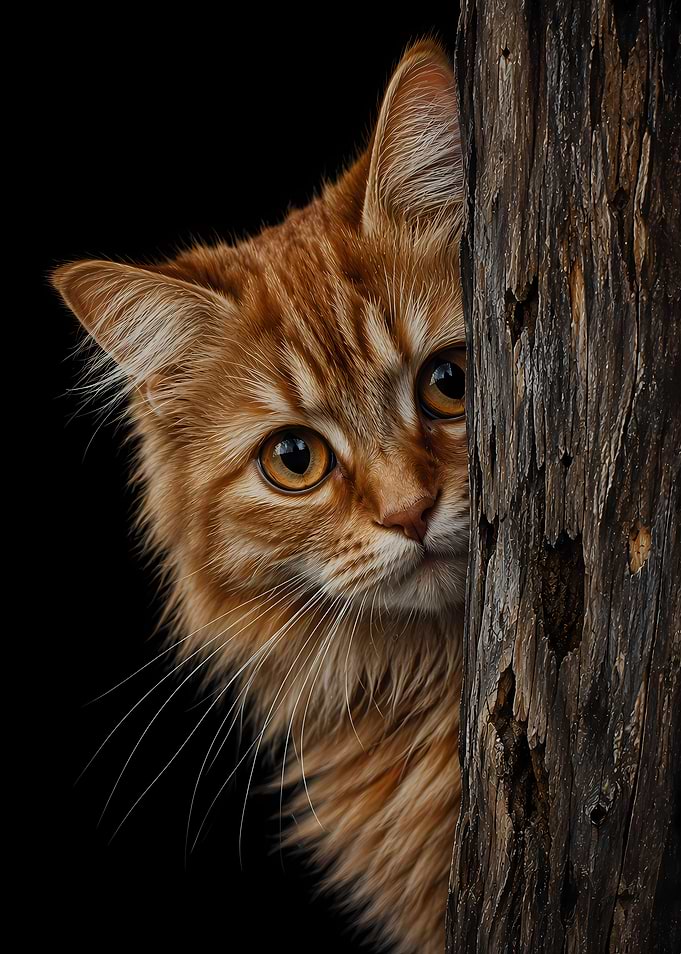 Orange Cat Peeking Behind Wood