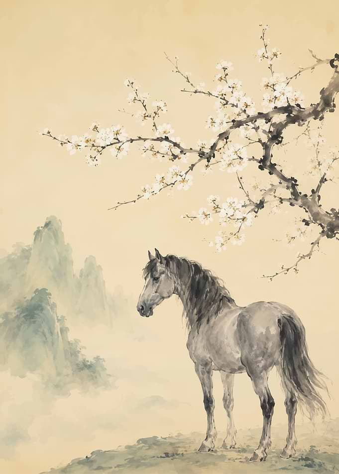 Horse Under Cherry Blossoms
