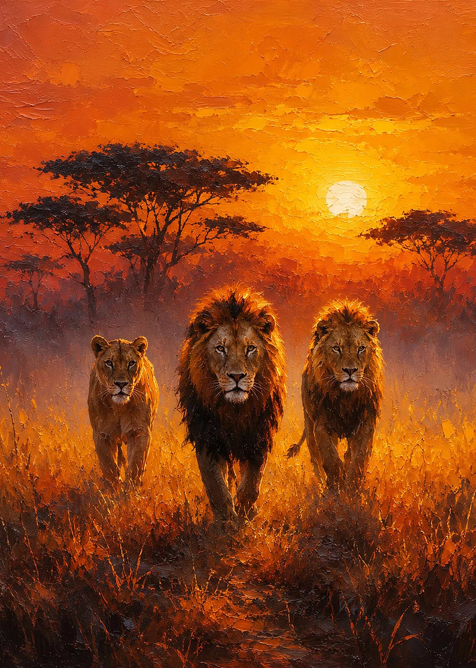 Lions walking at sunset