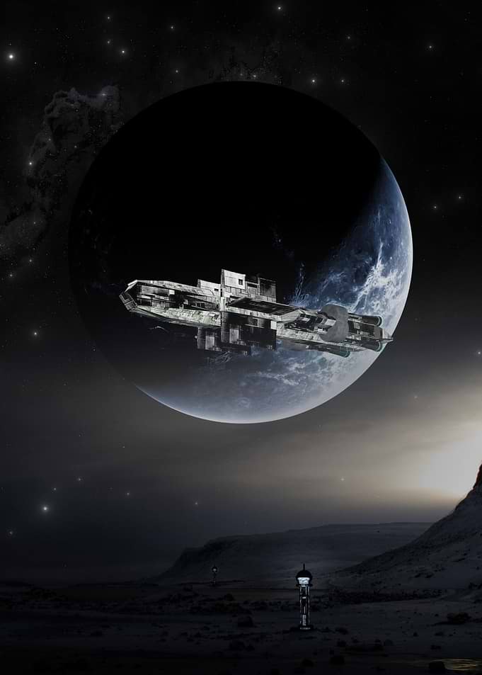 Spaceship over alien planet
