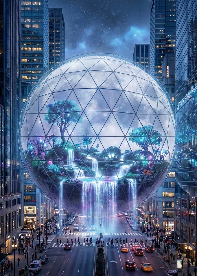 Futuristic Cityscape with Bioluminescent Terrarium