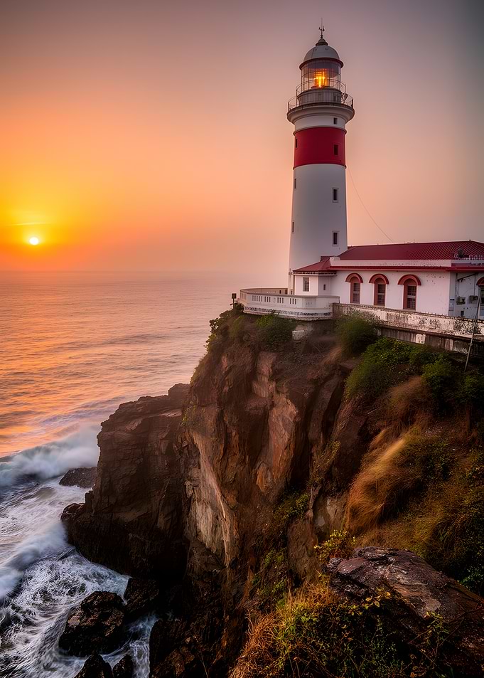 Lighthouse on a cliff at sunset