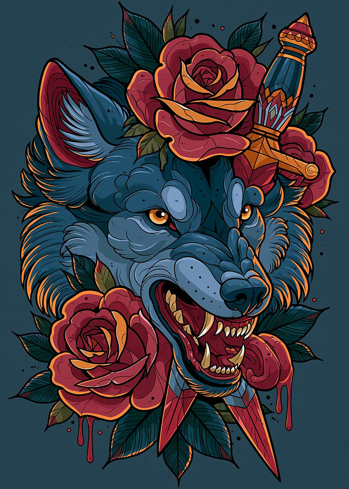 Wolf with Roses and Dagger Tattoo Art