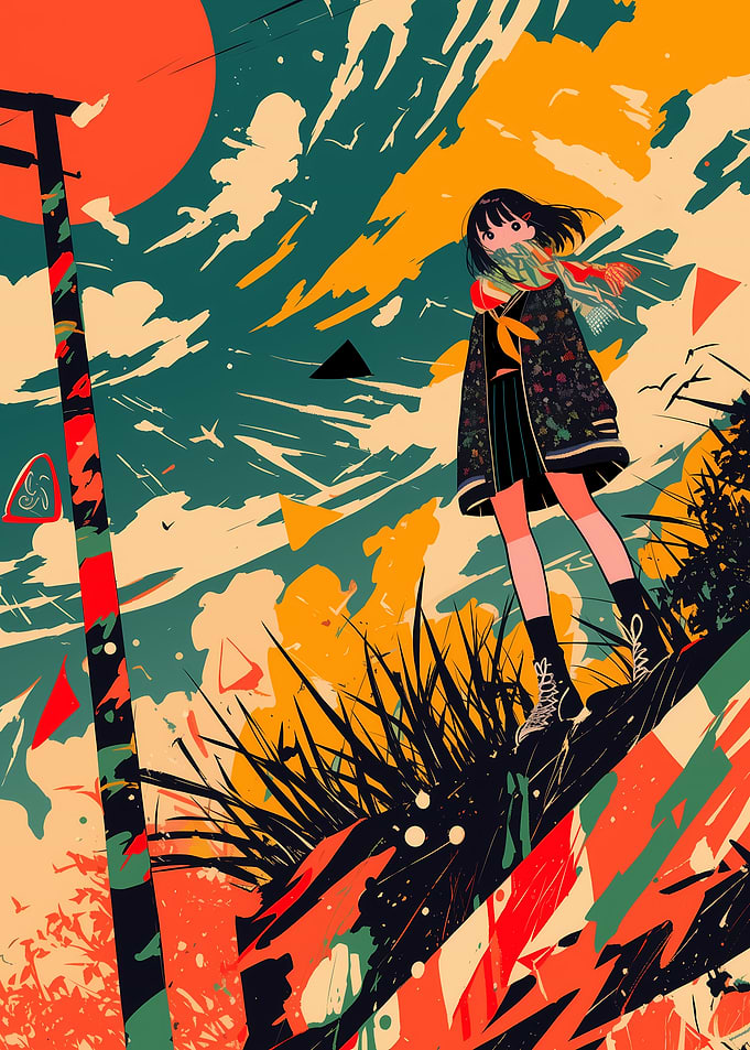 Anime Girl in Stylized Landscape