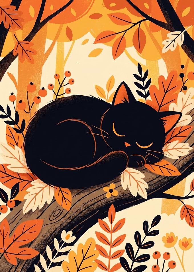 Black cat sleeping in autumn leaves