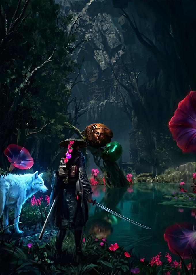 Samurai and Wolf in Mystical Forest