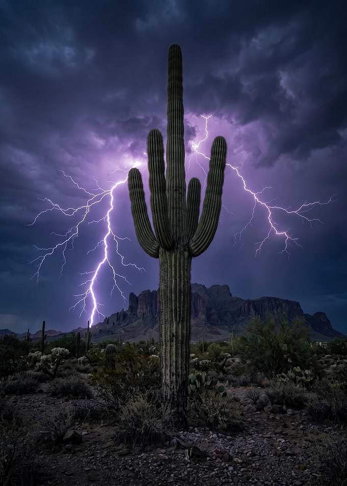 Saguaro Cactus in Desert Lightning Storm