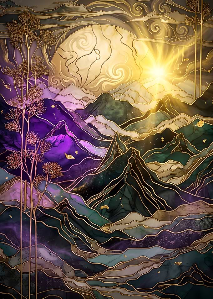 Abstract Mountain Landscape with Sun