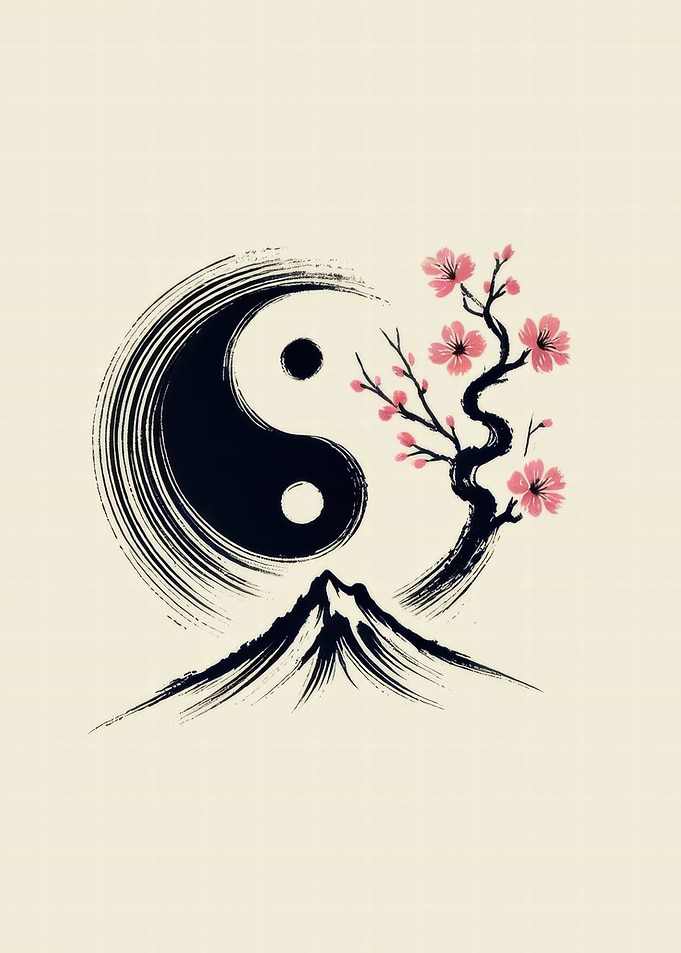 Yin Yang with Cherry Blossoms and Mountain
