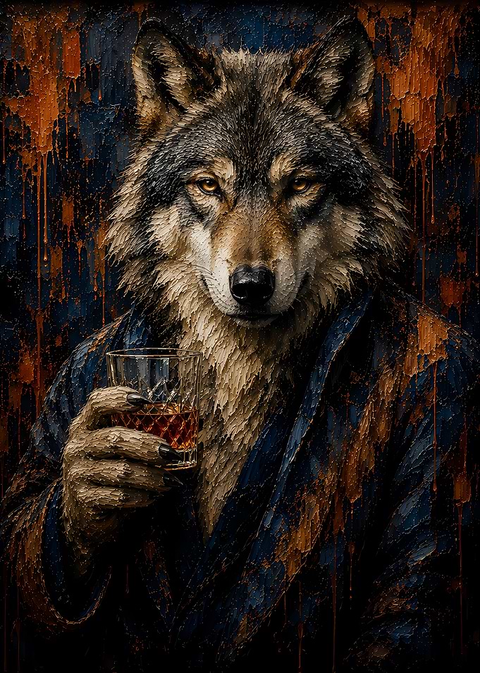 Wolf in a Robe Holding Whiskey