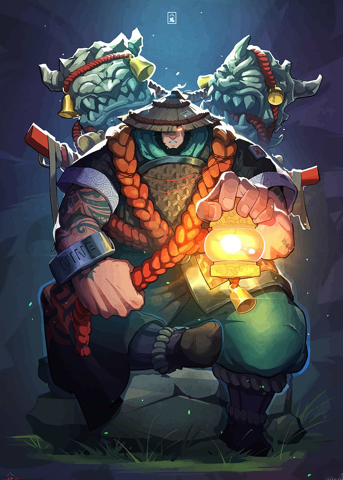 Warrior with Lantern and Dragon Heads