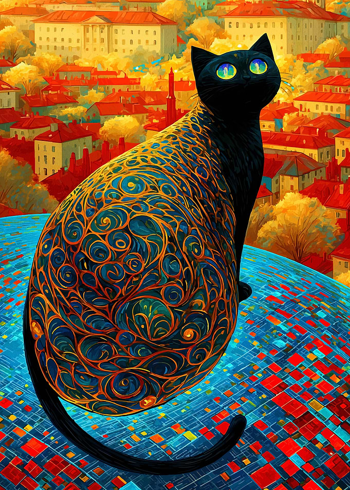 Ornate Black Cat Overlooking Cityscape