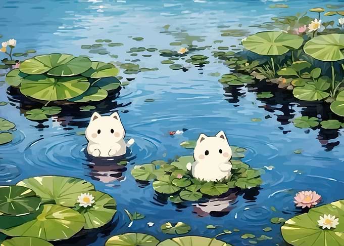 Cute Cats in a Lily Pond